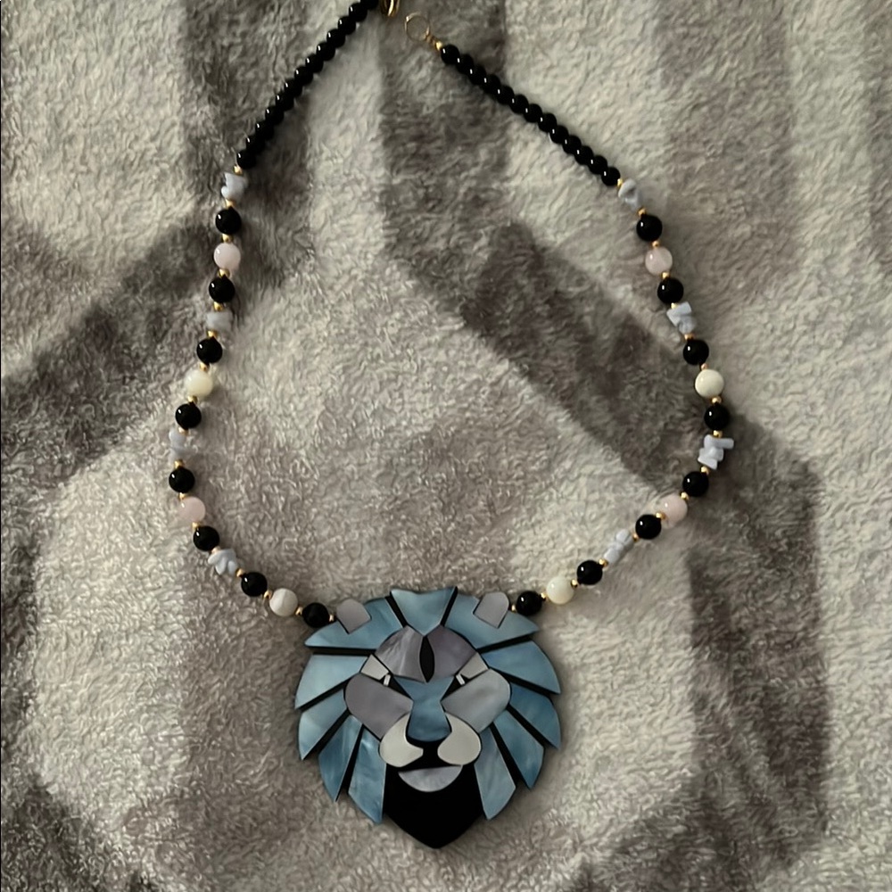Vintage Geometric Lion Lee Sands Necklace with Black and Blue Beads